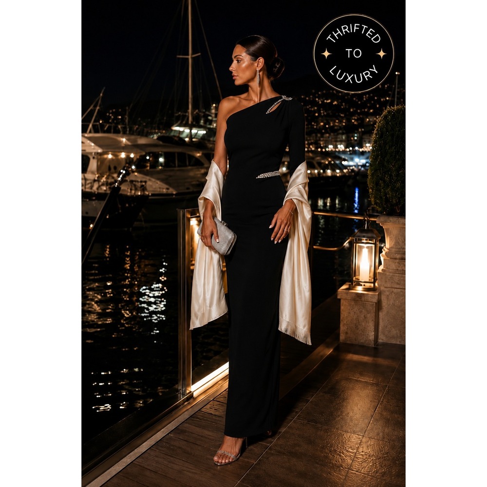 Cache Black One Shoulder Rhinestone Trim Formal Gown Maxi Dress Womens XS